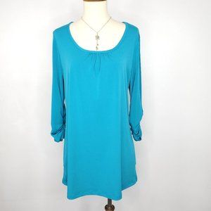 Susan Graver Green Turquoise Ruched Sleeves Pullover Stretchy Top Size XS